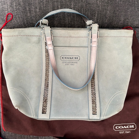 Coach Handbags - Vintage Coach 8B31 Mint Suede Beaded Tote Bag Tiffany blue interior Dust Bag Inc